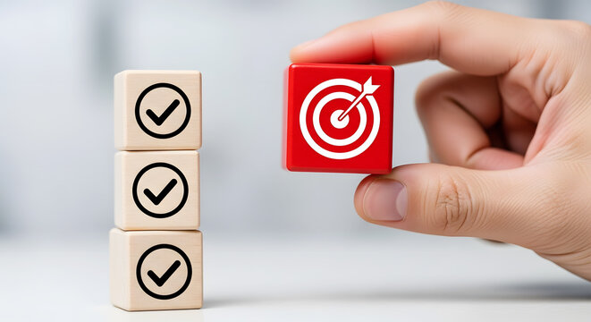 Hand holding red cube with target symbol above stacked wooden cubes with checkmarks