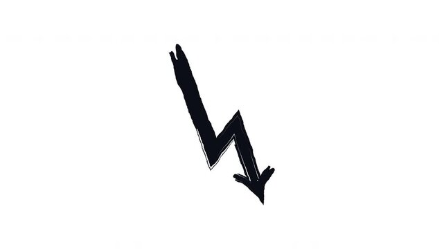 Sharp angular lightning arrow bold thick stroke animation. Zigzag pointing downward. Jagged sudden drop. Expressive grunge marker highlight pointer 4K video motion. Animated ink rough direction