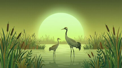 Fototapeta premium World wetlands day shows two cranes wading in water with reeds and a bright sun or moon in the background and some birds flying