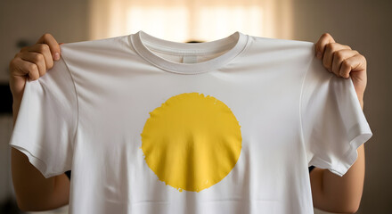 Title: Person holds up a white t-shirt featuring a large yellow circle resembling a fried egg yolk against a soft, blurred background.
