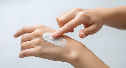 Title: Close-up of hands applying a dollop of white cream on the back of one hand, with a plain light-gray background.
