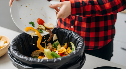 Title: Person in a red and black checkered shirt scrapes plate leftovers into a black trash bag in a bright kitchen.

