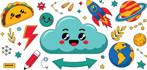 Obraz premium Cute cartoon doodle vector set featuring clouds, rockets, planets, and playful colorful fun space elements