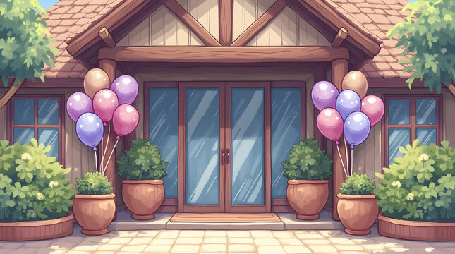 A rustic wooden cottage entrance features large glass doors and a shingled roof, festively decorated with colorful pink and purple balloon bouquets and lush green shrubs in terracotta pots