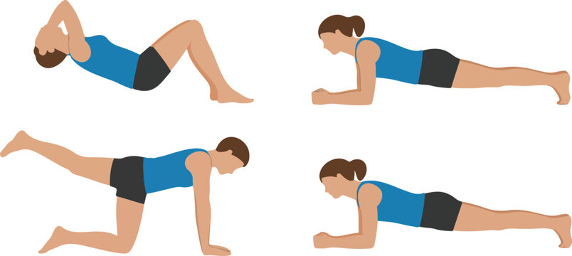 Fitness exercise vector set showing man performing core workouts, plank, leg raises, and bodyweight training positions