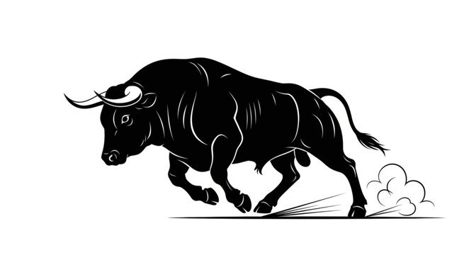 Black Bull Running with Horns.