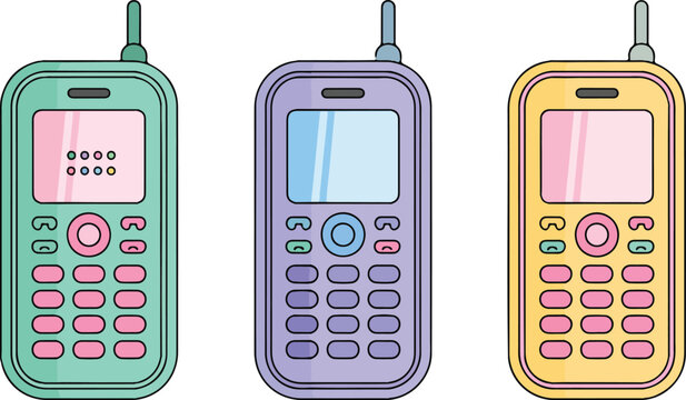 Vintage keypad mobile phone collection featuring colorful retro devices in clean flat vector illustration style