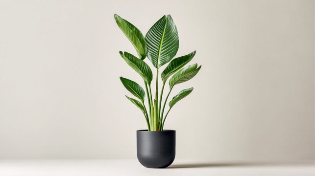 Elegant Bird of Paradise plant in a modern black pot against a neutral background