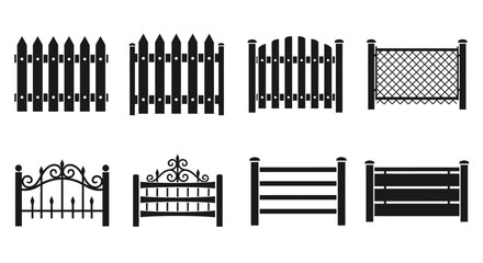 Black and white vector illustrations of various fence and gate designs