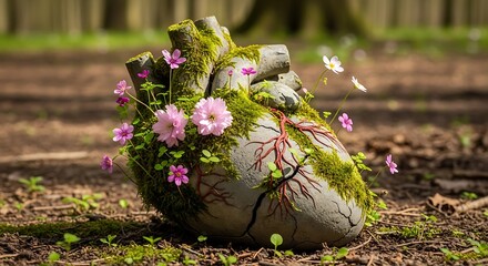 Healing Nature Heart with Moss, Roots, and Delicate Flowers