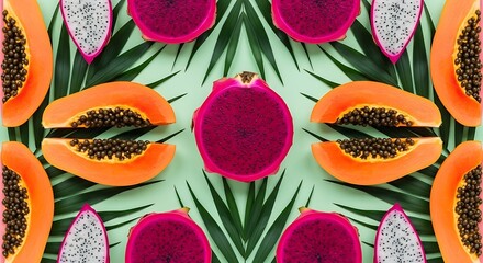 Vibrant Tropical Fruit Flat Lay with Papaya and Dragon Fruit