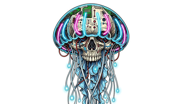 Cyberpunk Jellyfish with Skull and Circuitry isolated on a transparent background