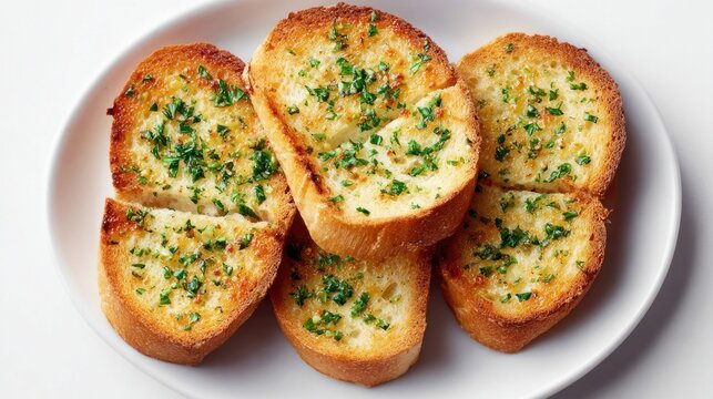 Delicious golden brown garlic bread slices sprinkled with fresh parsley on a white plate