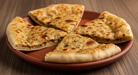 Slices of golden-brown stuffed flatbread with savory herb filling served on a rustic clay plate over a wooden surface.