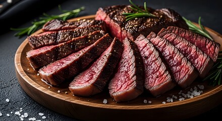 Sliced medium-rare beef steak on a wooden plate, beautifully presented with rosemary on a dark surface.