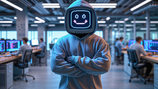 Modern it workplace scene with crt monitor head character in futuristic tech office, neon blue digital glow, coding screens, server racks, open workspace, confident arms crossed pose, realistic anatom