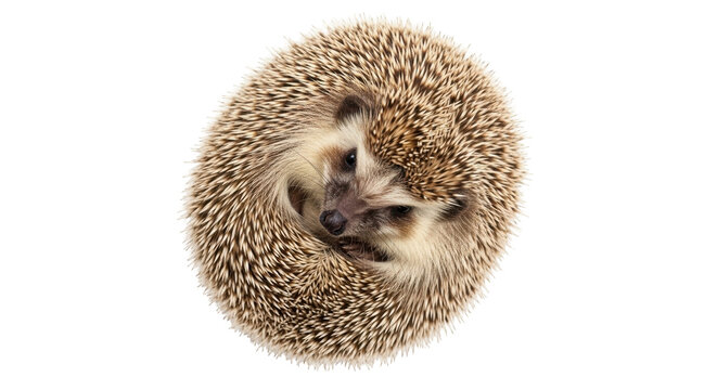 Isolated hedgehog curled up, defensive position, defense mechanism, protection, animal, cute