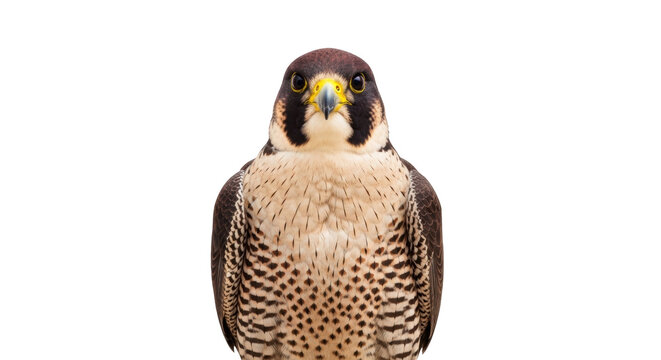 Isolated Peregrine Falcon looking straight ahead, a majestic bird of prey with intense gaze