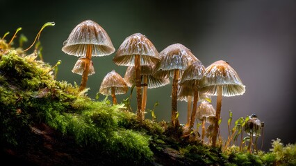 Fototapeta premium Group of small translucent mushrooms with water droplets on green mossy log in dark wild forest