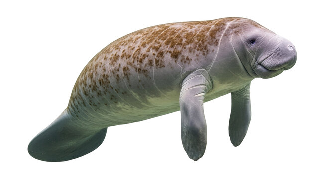 Isolated West Indian manatee swimming in the ocean, side view, marine mammal sirenia