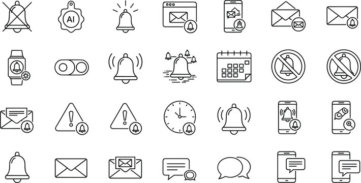 Notification and alert icon set featuring bell symbols, email messages, clock reminders, smartphone push notifications, and communication interface elements for digital apps.