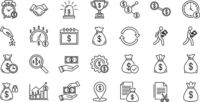 Set of business and financial icons featuring money bags, currency growth charts, investment time management, banking security, and professional profit strategy.