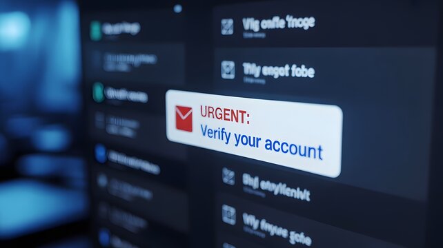 Email inbox displaying urgent verify your account message, phishing attack simulation, cybersecurity awareness, online fraud risk, and digital data protection concept