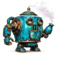 Fototapeta premium A whimsical robot shaped like a teapot, emitting playful steam on a white background, perfect for children's designs.