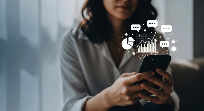 Woman using smartphone with digital icons and symbols floating above