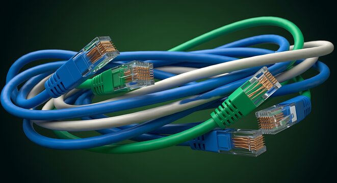 a bunch of blue green and white ethernet cables
