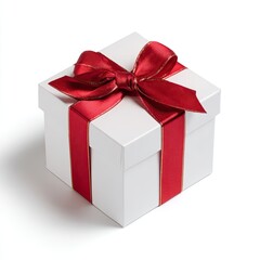 Obraz premium A pristine white gift box with a luxurious red ribbon and golden edging, isolated