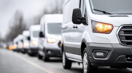 Fleet of white delivery vans lined up on a road during daytime