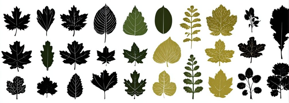 Collection of varied leaf silhouettes in black, olive green, and yellow, arranged on a white backdrop