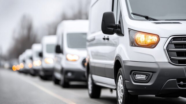 Fleet of white delivery vans lined up on a road during daytime