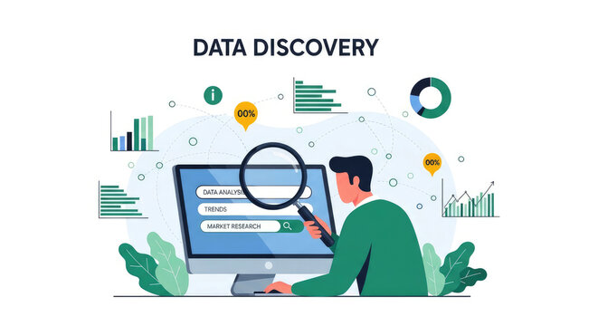 Data discovery and analysis concept with a man examining a computer screen