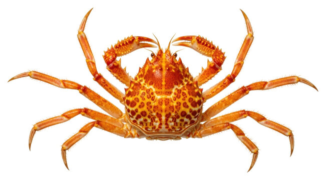 Isolated bright colorful orange Spiny Spider Crab, crustacean with legs, claws, and carapace