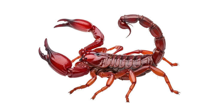 Isolated, red scorpion with claws and curved tail, dangerous arachnid, arthropod and invertebrate