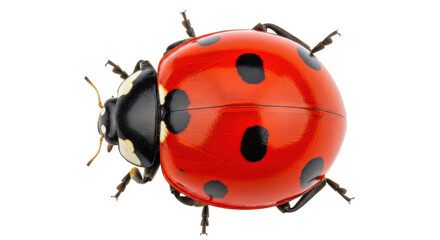 Isolated ladybug facing left, red with black spots, on a neutral backdrop, close-up view © Elowen