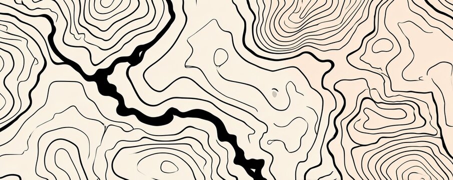 Topographic map-like illustration, featuring black lines on a beige background, with a river