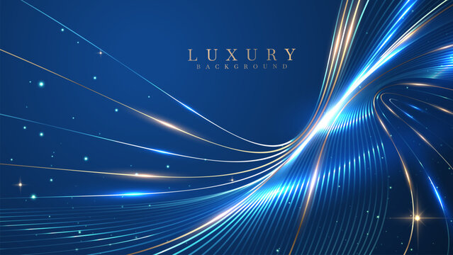 Abstract luxury blue background with glowing gold neon wave lines and sparkling stars. Vector illustration.