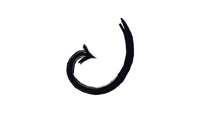 Smooth inward spiral arrow bold thick stroke animation. Focus introspection. Circular return. Swirl movement. Expressive grunge marker highlight pointer 4K video motion. Animated ink rough direction