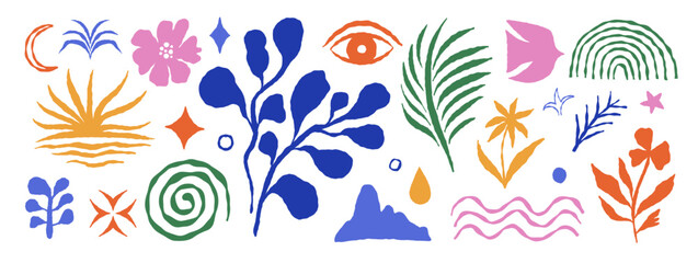 Naklejka premium Vector logo and print design templates, summer palms, tropical hand drawn illustrations, surfing concepts, vacation and travel, doodles and organic shapes and forms