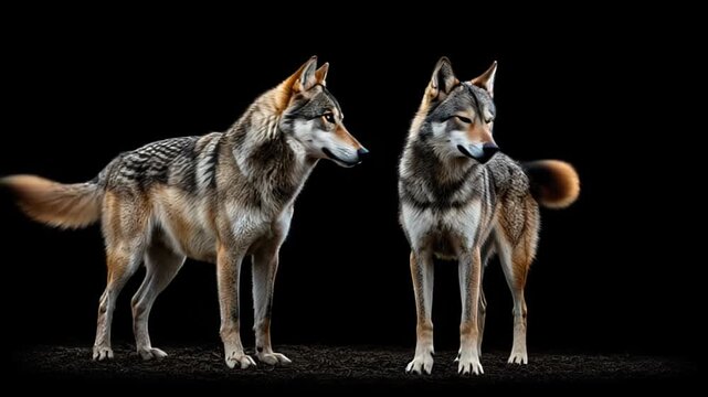 Two Wolves Interacting on Black Background.