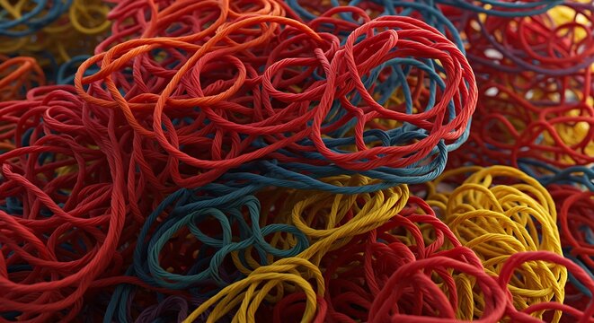 colorful tangled threads in red orange yellow and blue