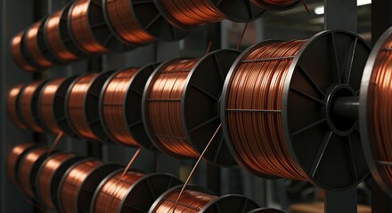 copper wire coils on a metal rack in an industrial setting