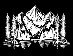 Obraz premium Mountain landscape sketch illustration on black background Minimalist nature art