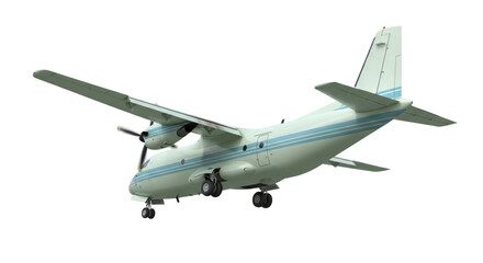 Isolated propeller airplane on landing gear with twin engines and tail fin, on the runway © Elowen