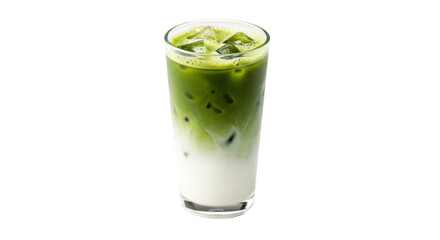 Fototapeta premium Isolated glass of cold Matcha latte drink on table, refreshment beverage against backdrop