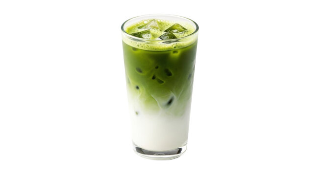 Isolated glass of cold Matcha latte drink on table, refreshment beverage against backdrop