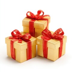 Obraz premium Three gold gift boxes tied with red ribbons, set against a clean white background